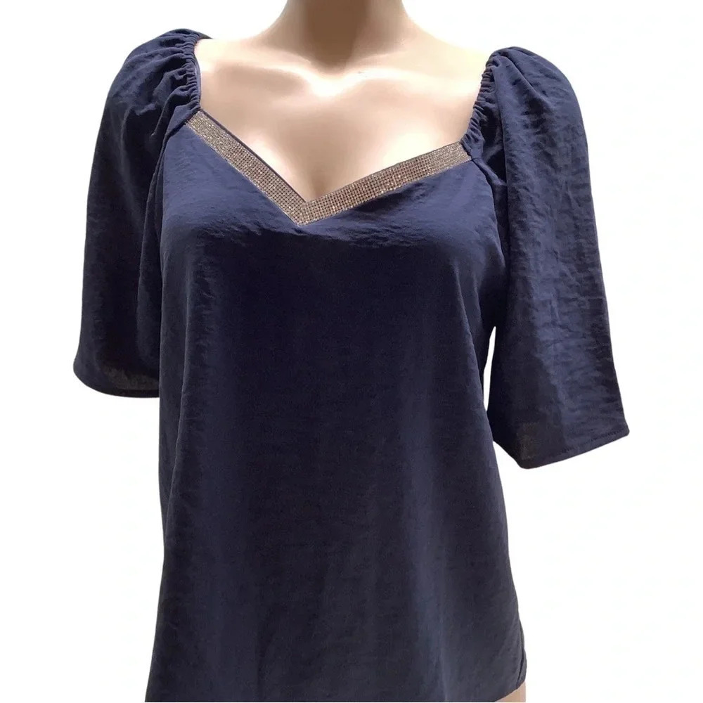 80 Park Bedazzled V Cut Off The Shoulder Style Blue Blouse Size Medium New